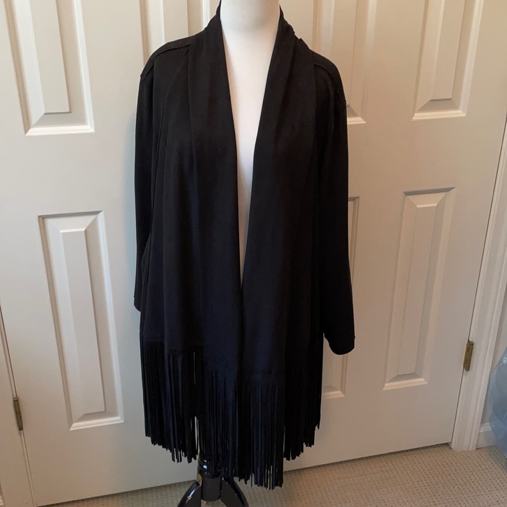 JOH black faux suede fringe wrap/open front cardigan